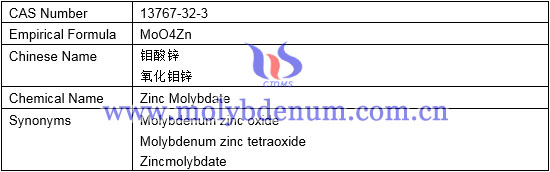 empirical formula, chemical name, synonyms of zinc molybdate image