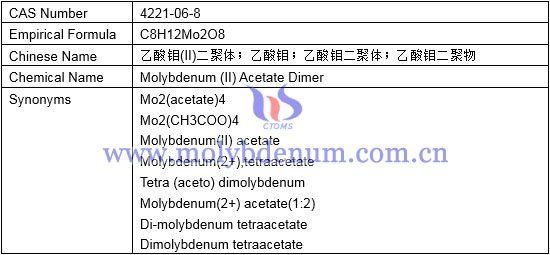 empirical formula, chemical name, synonyms of molybdenum (II) acetate dimer image